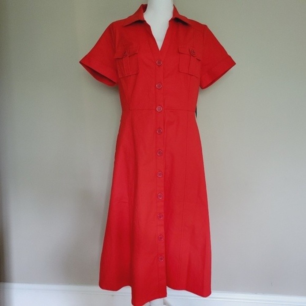 NY&C New Linen Cotton Blend Midi Cottage Core Red Dress Size Medium